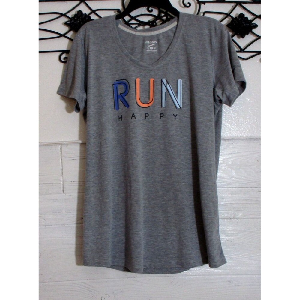 Brooks Knit Women's Size L Gray Graphic Short Sleeve Round Neck